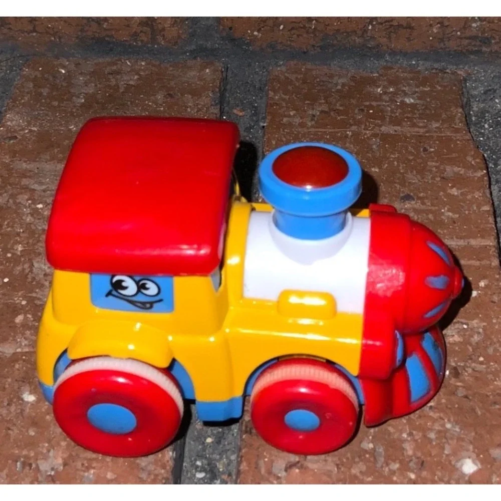 Red Yellow Blue Plastic Toy Train Engine with Cartoon Face Rolling Wheels 3